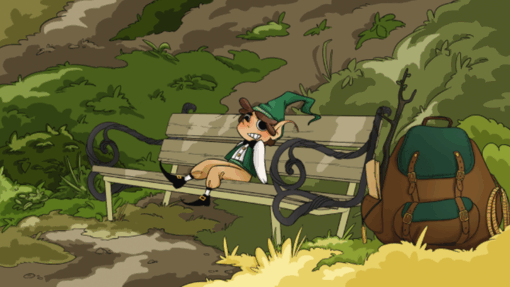 Illustration de Barbet le Farfadet à Cossonay, personnage fantastique assis sur un banc avec sac à dos et bâton de marche.