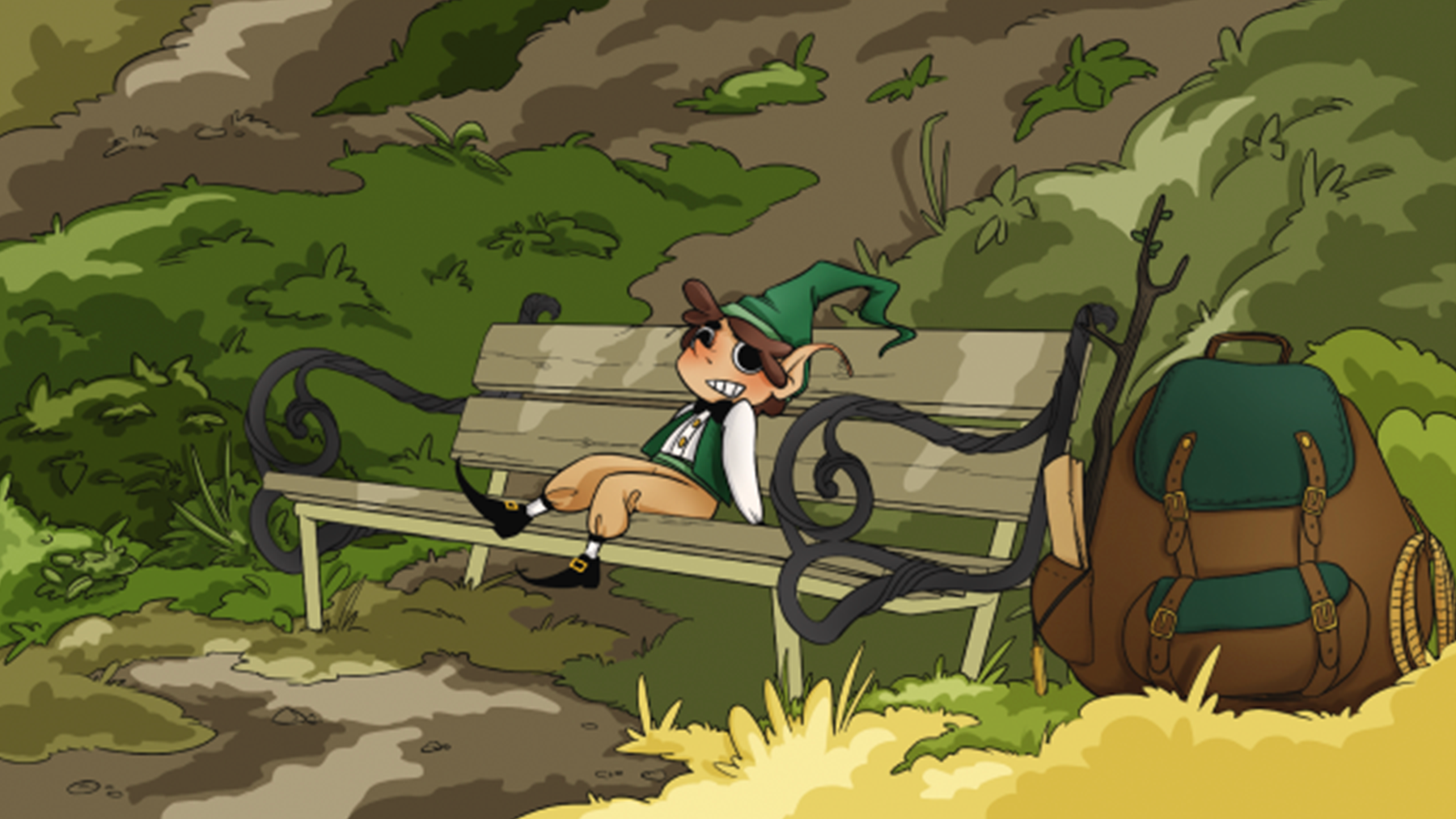 Illustration de Barbet le Farfadet à Cossonay, personnage fantastique assis sur un banc avec sac à dos et bâton de marche.