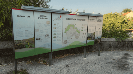 Panneau d’information touristique à Aubonne présentant l’Arboretum, l’histoire de la ville et les sentiers de découverte.